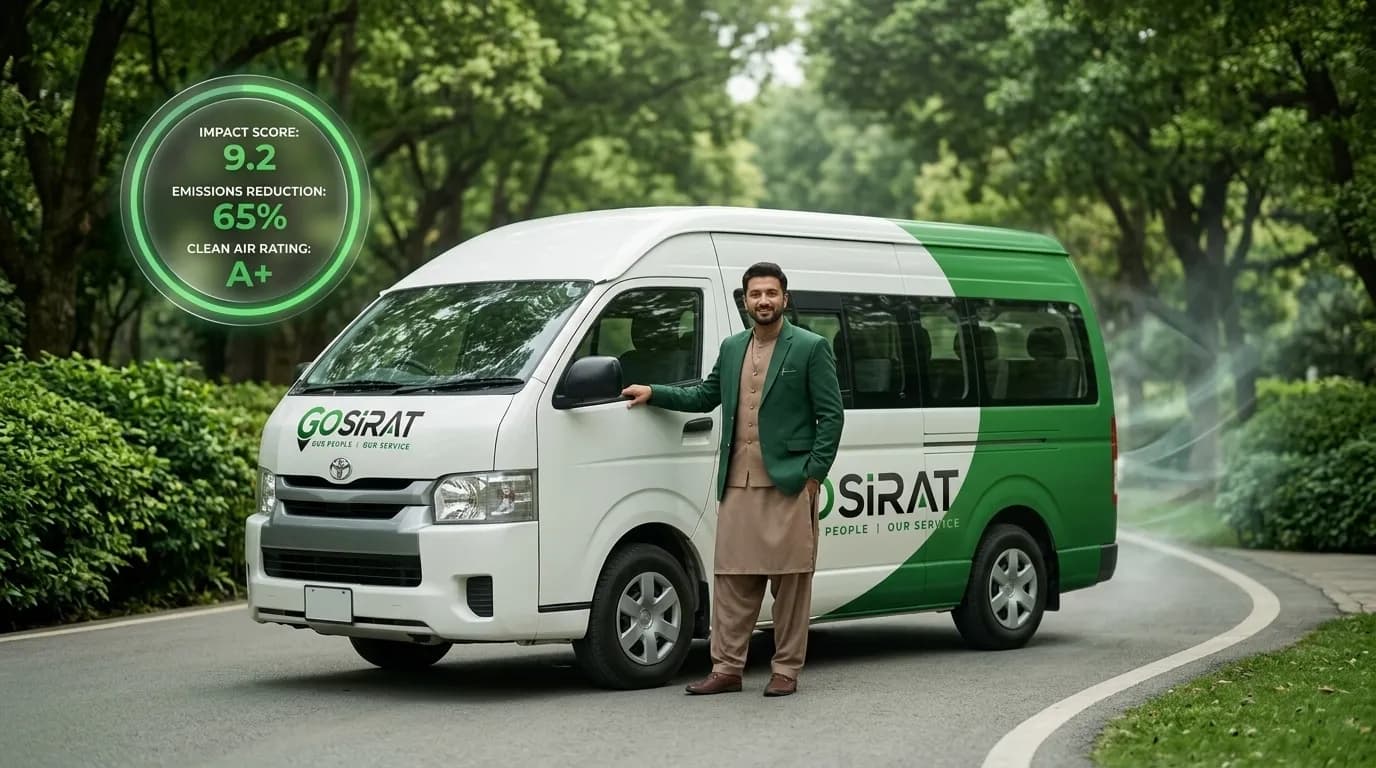 GoSirat Driver App showing AI route analysis, CO2 savings, and monthly green impact rewards.