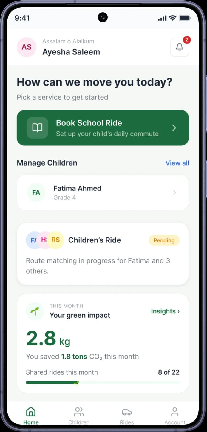 GoSirat Driver App showing route management, QR verification, navigation, and student pickup for safe school transportation.