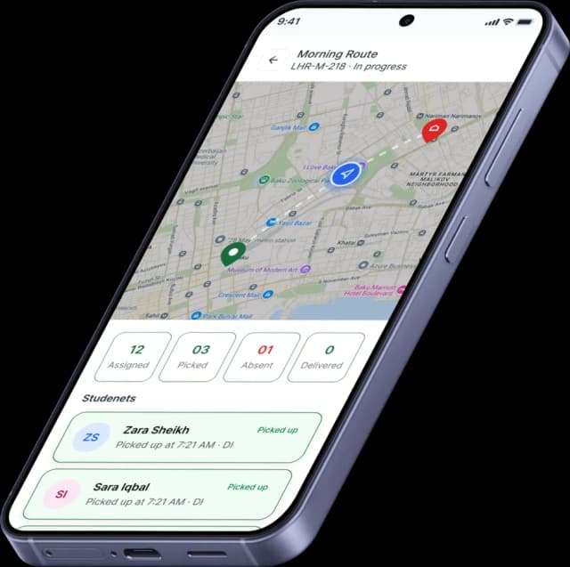 GoSirat Driver App showing route navigation, QR verification, student attendance, and school transportation management.