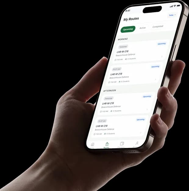 GoSirat Driver App showing route management, turn-by-turn navigation, student manifests, and live schedules for school transportation.