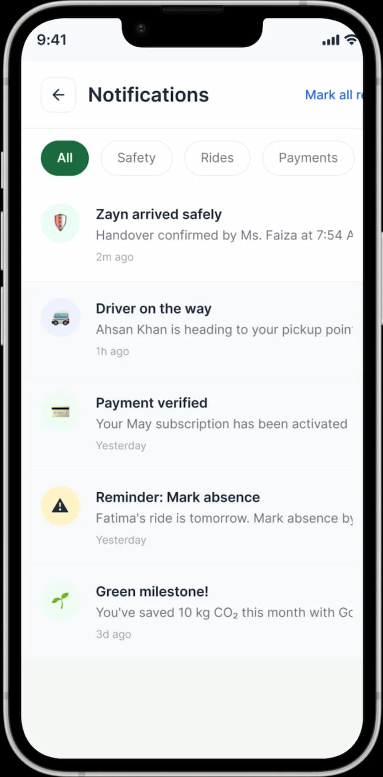 GoSirat Parent App showing real-time notifications for school transportation, including pickup, school arrival, and safe drop-off.
