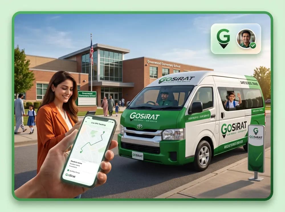 Parent tracking a child's school journey with the GoSirat app while a GoSirat vehicle safely transports students to school.