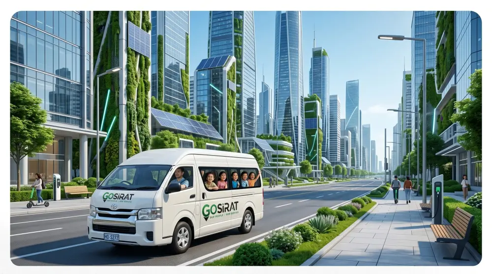 GoSirat green electric school transport bus on a city route.